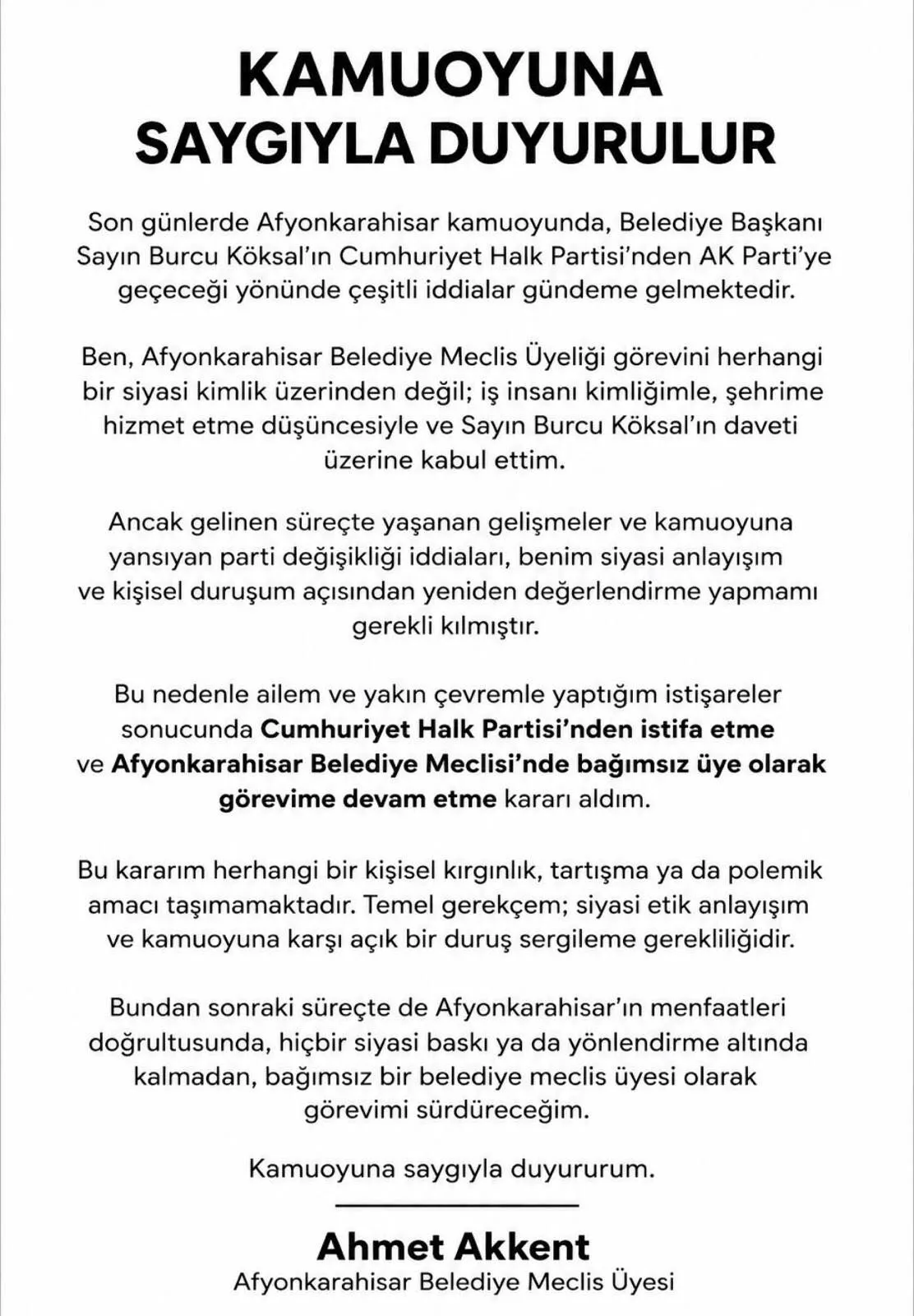 Ahmet Akkent Açıklama