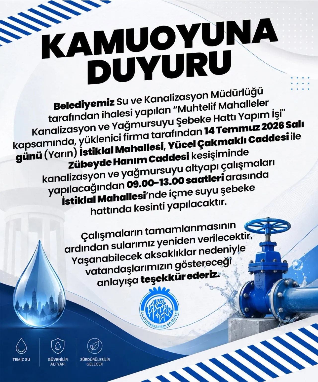 Afyonkarahisar Belediyesinden Istiklal Mahallesi Icin Su Kesintisi Uyarisi 6A55De857Bbef