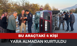 Devrilen ticari araçta 4 kişi kazayı yara almadan atlattı