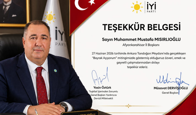 Başkan Mısırlıoğlu'na Genel Merkezden Teşekkür Belgesi